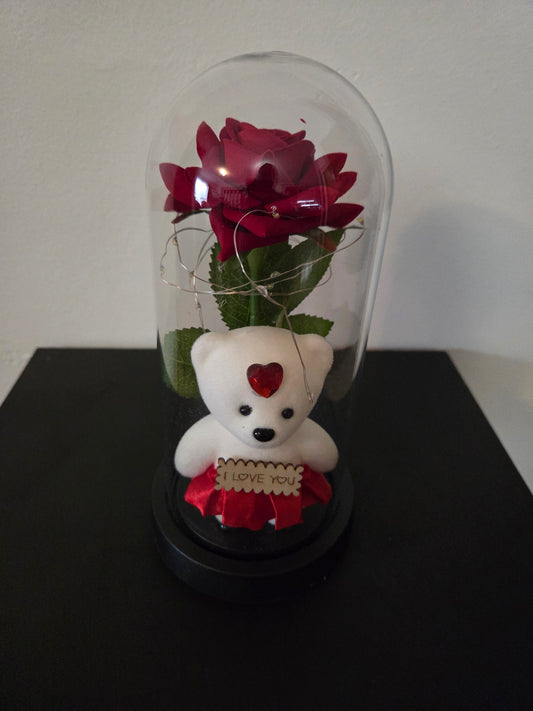 Romantic Artificial Rose in Acrylic Cloche with Teddy
