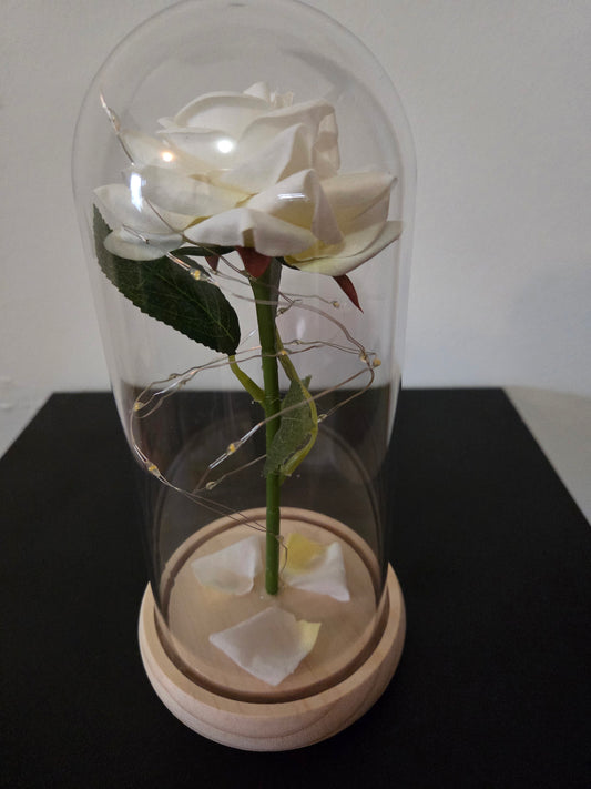 Elegant Artificial White Rose in Wooden Stand with LED Ligh