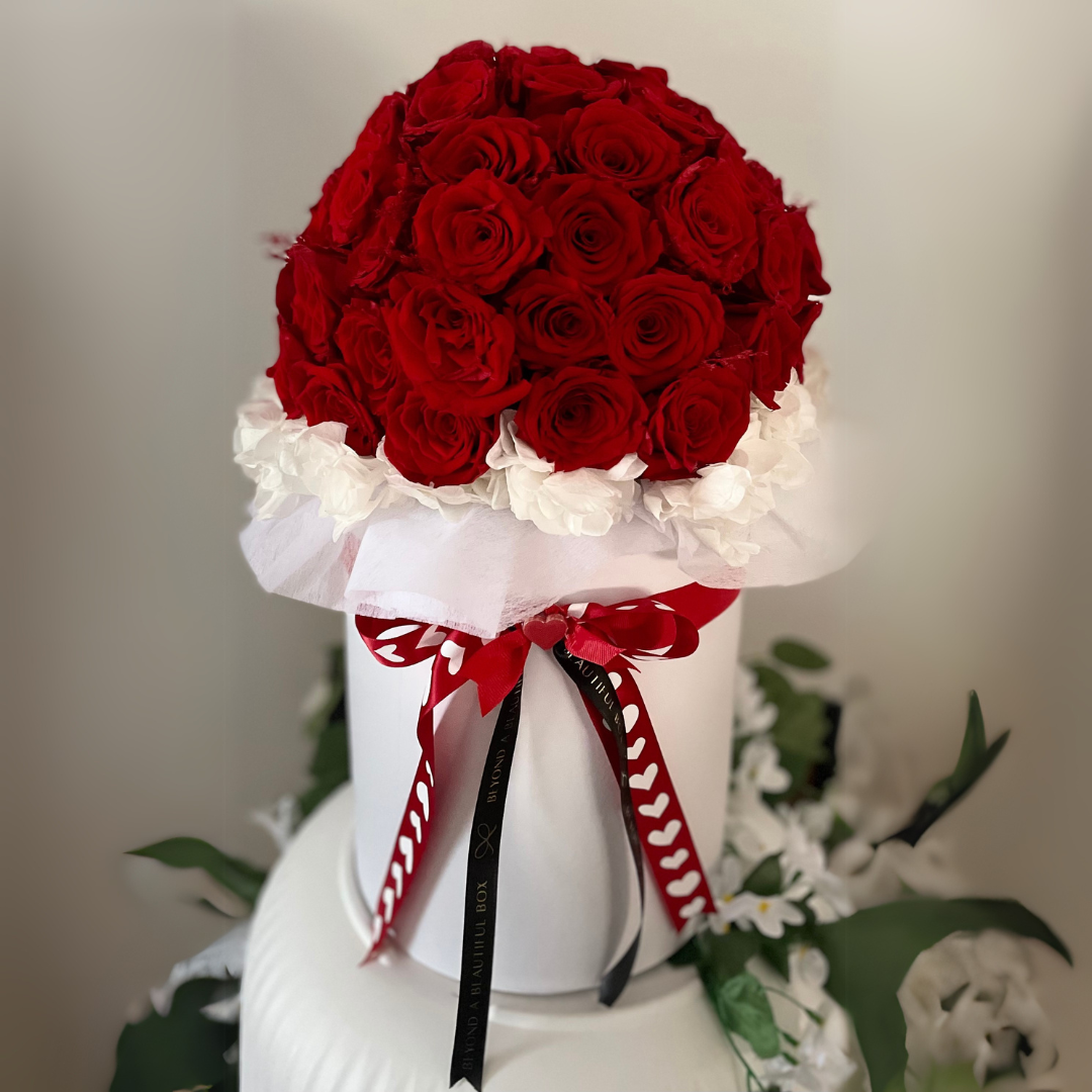 Elegant Preserved Roses and Hydrangea trim Hatbox
